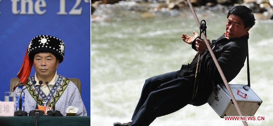 This combined photo shows that Deng Qiandui, a village doctor from southwest China's Yunnan Province, moves across the Nujiang River by a cable and pulley to give medical advice to villagers (R, photo taken on Feb. 19, 2011) and he, as a deputy to the 12th National People's Congress, attends a press conference in Beijing, capital of China, March 10, 2013. Six grassroots NPC deputies involving farmers and workers were invited to answer questions at the press conference held by the first session of the 12th NPC on March 10. (Xinhua)
