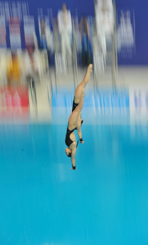 Meaghan Benfeito and Roseline Filion of Canada compete during the women's 10m Platform Synchro Final in the FINA Diving World Series 2013-Beijing at the  National Aquatics Center in Beijing, China, Match 15, 2013. Meaghan Benfeito and Roseline Filion won the silver medal with 316.71 points. (Xinhua/Jia Yuchen)