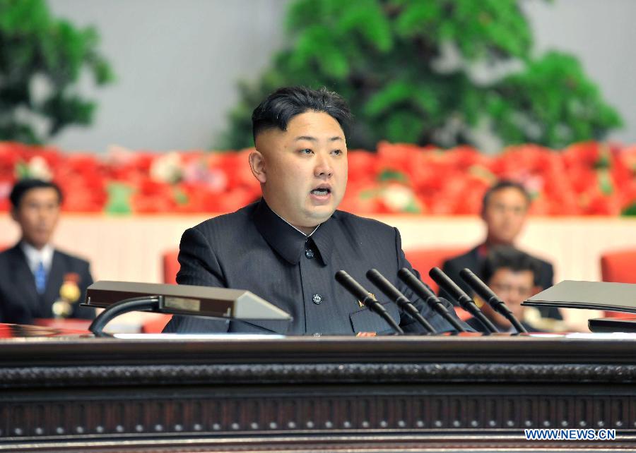 Photo provided by Korean Central News Agency (KCNA) on March 19, 2013 shows Kim Jong Un, top leader of the Democratic People's Republic of Korea (DPRK), attending a national meeting of light industrial workers in Pyongyang, DPRK, on March 18, 2013. (Xinhua/KCNA)