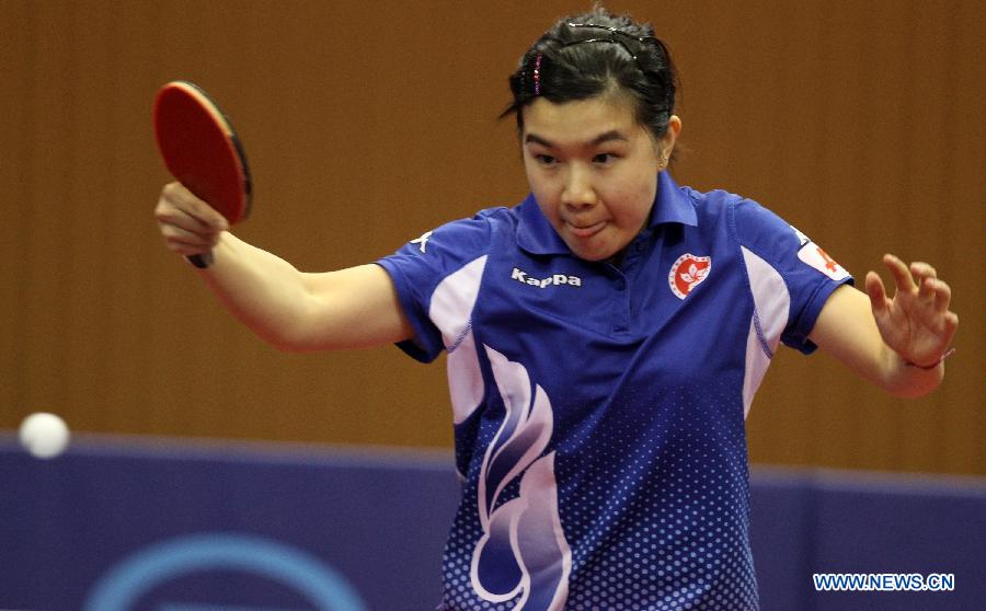 Lee Ho Ching of Chinese Hong Kong competes during the women's singles quarterfinal match against Kato Miyu of Japan at the 2013 ITTF World Tour Korea Open U21 Events in Incheon, South Korea, April 6, 2013. Lee Ho Ching won 4-1. (Xinhua/Park Jin hee)