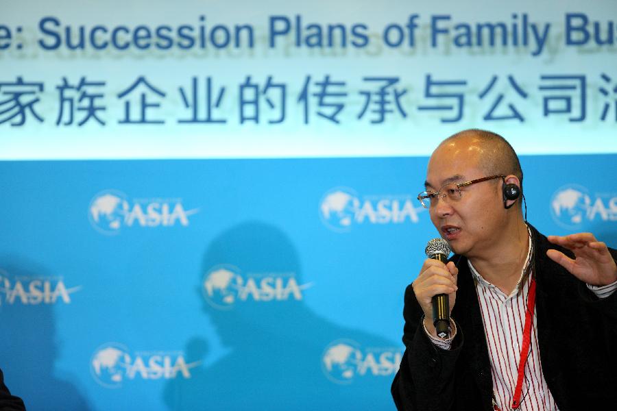 Liu Donghua, founder of the ZH Island, speaks during the session of "Finding the Right One: Succession Plans of Family Businesses" at the Boao Forum for Asia (BFA) Annual Conference 2013 in Boao, south China's Hainan Province, April 8, 2013. (Xinhua/Xu Zijian) 