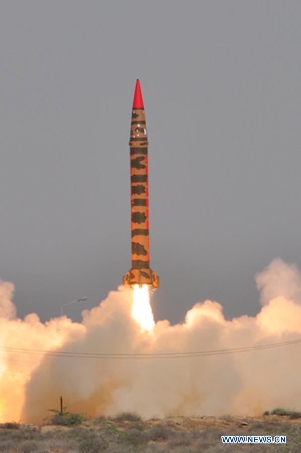 This handout photo released by the Pakistan's Inter Services Public Relations (ISPR) office on April 10, 2013, shows a Intermediate Range Ballistic Missile Hatf IV Shaheen-1 Weapon System launched from an undisclosed location in Pakistan. Pakistan on Wednesday successfully launched the Intermediate Range Ballistic Missile, which can carry nuclear warheads, the military said. (Xinhua Photo/ISPR)