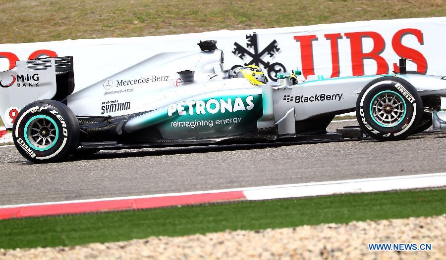 Mercedes driver Nico Rosberg drives during the first practice session of the Chinese F1 Grand Prix at the Shanghai International circuit, in Shanghai, east China, on April 12, 2013. (Xinhua/Li Ming)