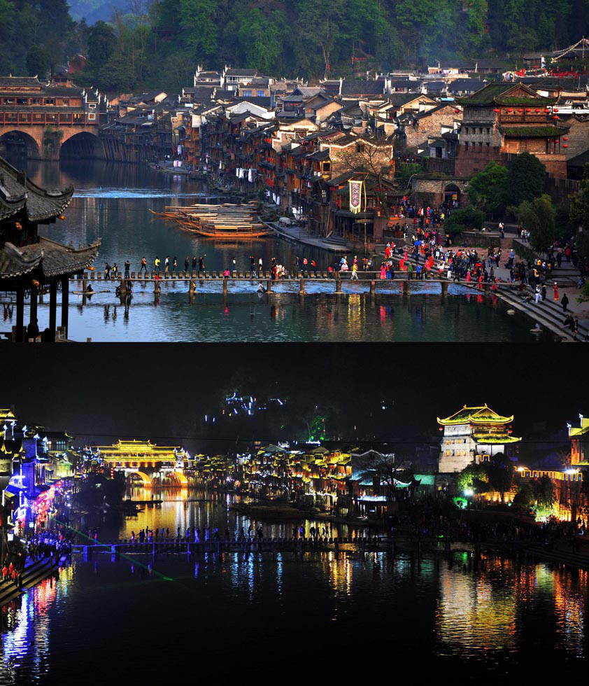 A combo photo shows Fenghuang ancient town in the light of sunsets (up) and at night (down). Many tourists came to the city before the city began to charge 148 yuan ($24) for entrance on April 10, 2013. (Photo by Zhao Zhongzhi/ Xinhua)