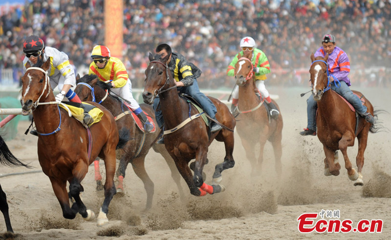 Participants compete during a horse racing held in Korla, Northwest China's Xinjiang Uyghur Autonomous Region, April 14, 2013. Over 300 contestants from more than 20 teams participated in the racing. (CNS)