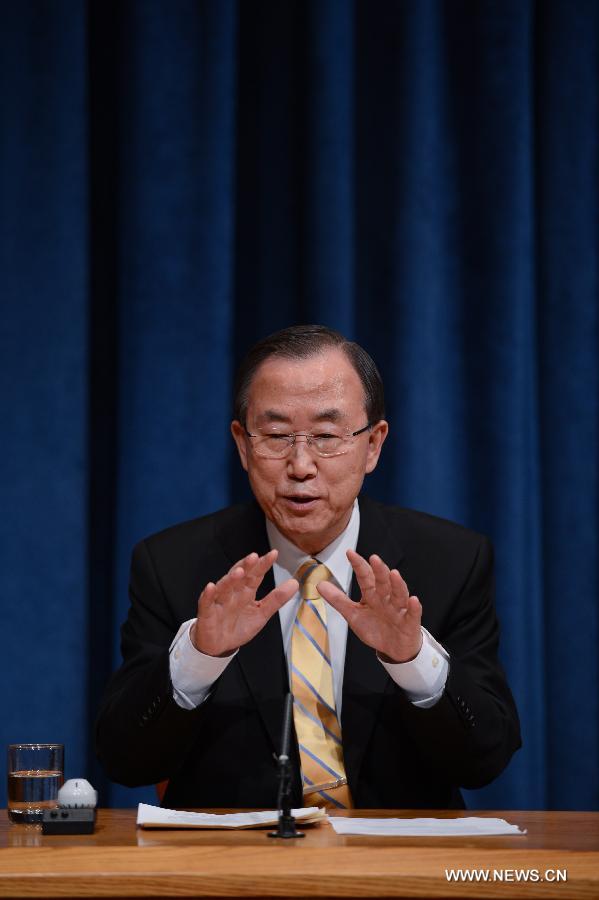 United Nations Secretary-General Ban Ki-moon attends a press conference at the UN headquarters in New York, on April 17, 2013. Ban on Wednesday called the Korean Peninsula crisis " highly volatile" and urged the Democratic People's Republic of Korea (DPRK) to return to the negotiating table. (Xinhua/Niu Xiaolei) 