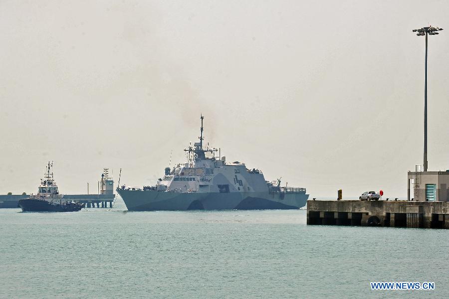 The very first American Littoral Combat Ship (LCS) USS Freedom (LCS 1) arrives in Singapore's Changi Naval Base, on April 18, 2013. The USS Freedom began on Thursday its four-month deployment in Singapore. (Xinhua/Then Chih Wey)