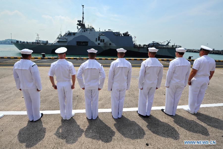 The very first American Littoral Combat Ship (LCS) USS Freedom (LCS 1) arrives in Singapore's Changi Naval Base, on April 18, 2013. The USS Freedom began on Thursday its four-month deployment in Singapore. (Xinhua/Then Chih Wey) 