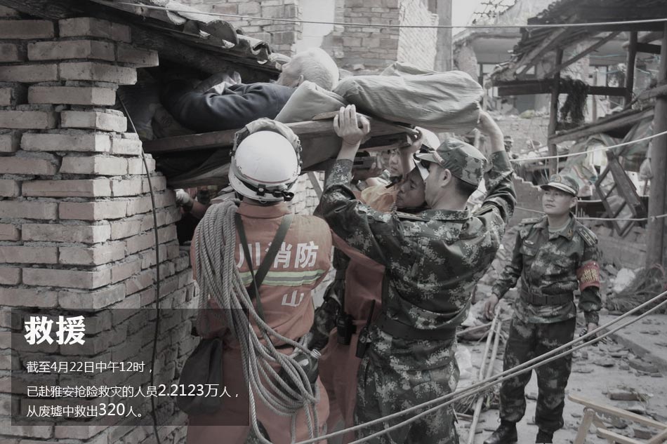Firefighters rescue an 80-year-old disabled man from a collapsed house in Lushan country on April 20, 2013. (Photo/www.icpress.cn)