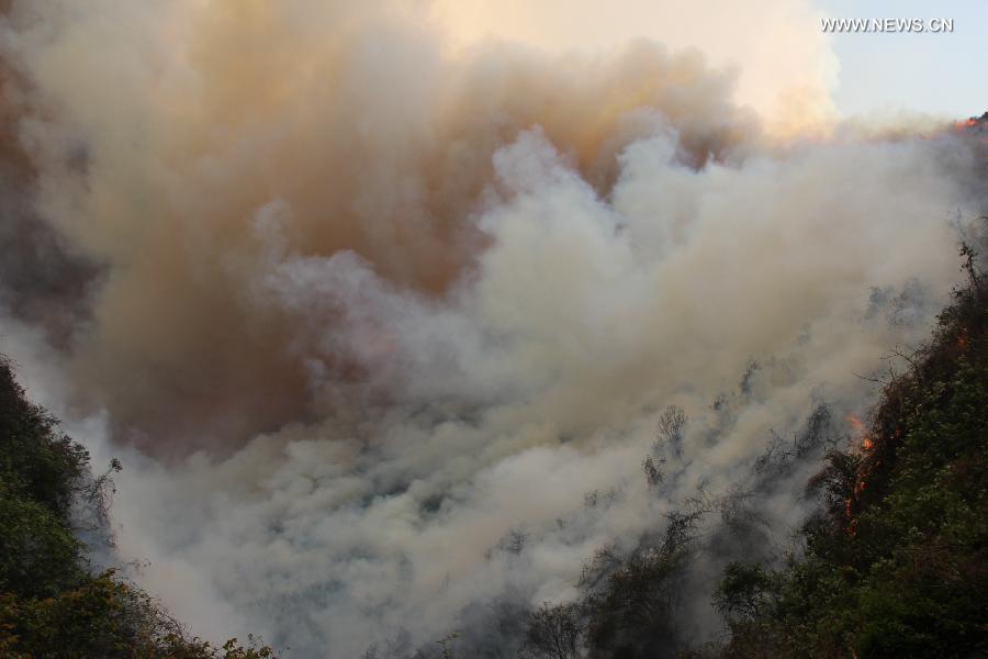 Photo taken on April 26, 2013 shows the scene of a forest fire in Qinfeng Township of Lufeng County, southwest China's Yunnan Province. Over 2,200 firefighters and service men have been mobilized to fight against a forest fire which broke out at around 16:00 (0800 GMT) on April 23. As of 16 p.m. on Friday, part of the burning area have been under control. (Xinhua/Xu Tao) 