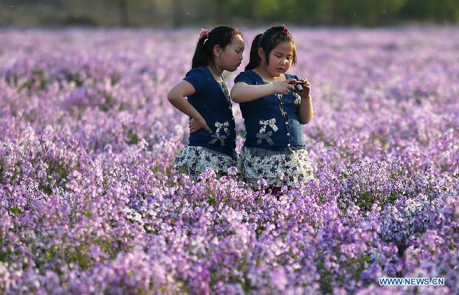 A pair of twin sisters visit a flower nursery during the three-day May Day holidays in Daxing District of Beijing, capital of China, April 30, 2013. (Xinhua/Wan Xiang)