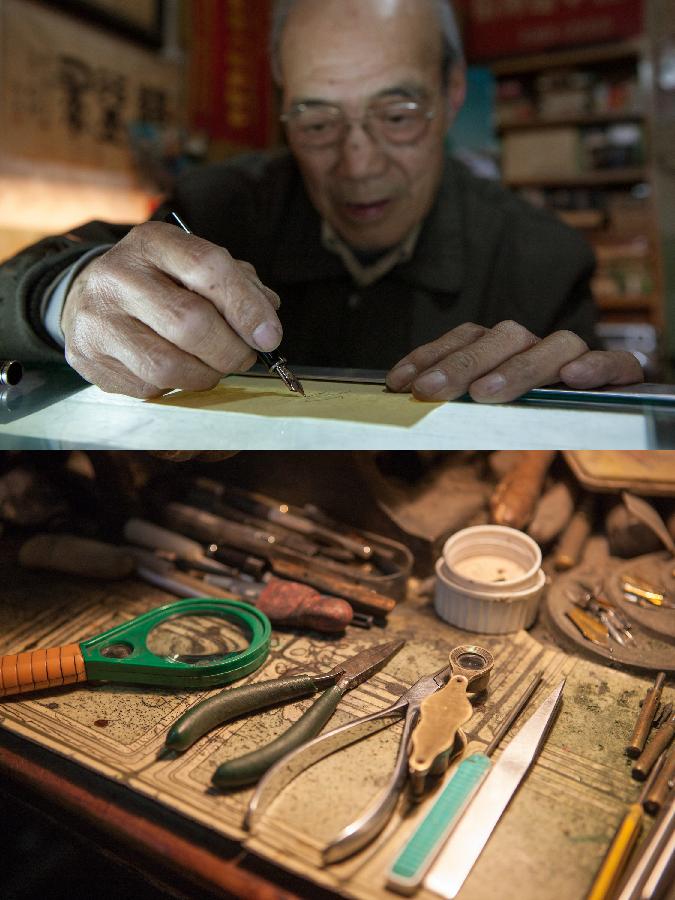 The combo photo shows Zhang Guangyi writes with a pen at his workshop (up) and the tools he used for pen repairing, in Beijing, capital of China, April 26, 2013.  (Xinhua/Xu Zijian)