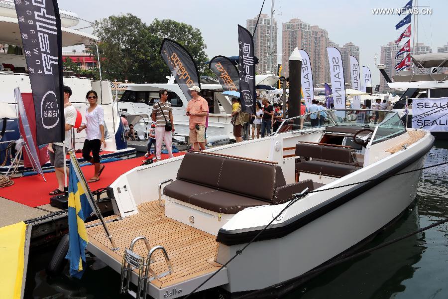 Photo taken on May 11, 2013 shows a yacht at an exhibition held by the Gold Coast Yacht Country Club in Hong Kong, south China. The exhibition has attracted 70 exhibitors around the world with their luxurious yachts as well as a fancy lifestyle at sea. (Xinhua/Li Peng) 