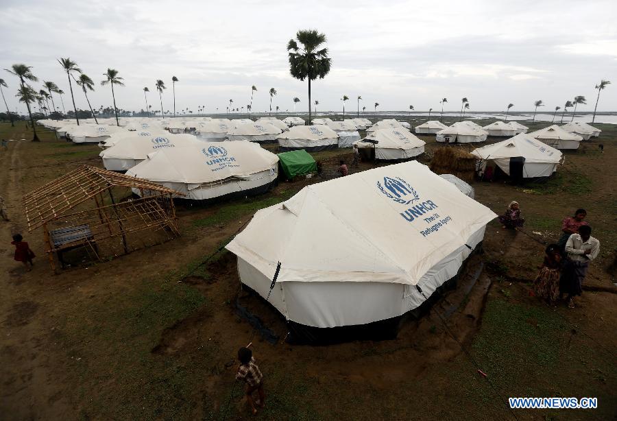Relief tents are seen at Ohndaw Internally Displaced Persons (IDP) camp near Sittway township in Myanmar's western Rakhine coastal area, on May 15, 2013. The Bengali-Muslims will be evacuated to safer places in wake of possible strike on the country by severe cyclonic storm Mahasen. (Xinhua/U Aung)