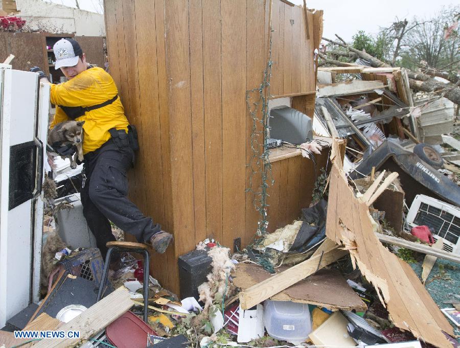 A rescuer brings out a dog from a damaged house in Shawnee, Oklahoma, the United States, May 20, 2013. Two men were confirmed dead after tornadoes hit the U.S. state of Oklahoma, officials said Monday. (Xinhua/Marcus DiPaola) 