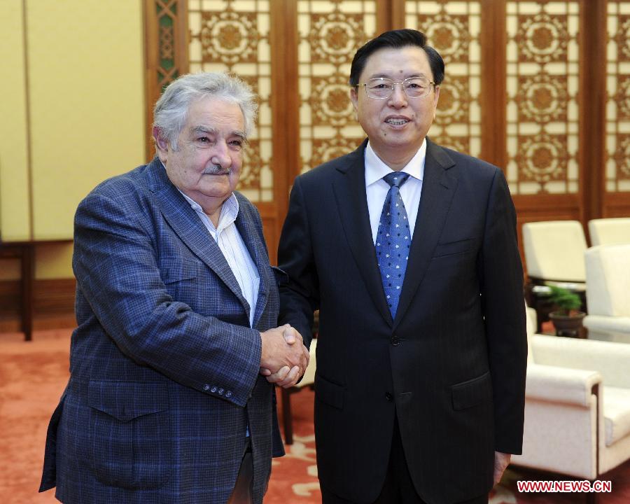 Zhang Dejiang (R), chairman of the Standing Committee of the National People's Congress of China, meets with Uruguayan President Jose Mujica at the Great Hall of the People in Beijing, capital of China, May 28, 2013. (Xinhua/Zhang Duo) 