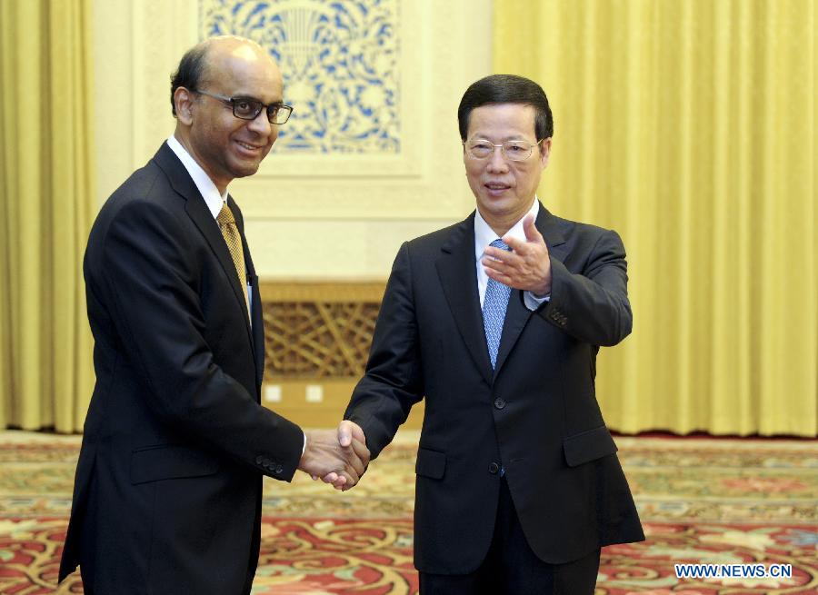 Chinese Vice Premier Zhang Gaoli (R), also a member of the Standing Committee of the Political Bureau of the Communist Party of China (CPC) Central Committee, shakes hands with Singapore's Deputy Prime Minister Tharman Shanmugaratnam during their meeting in Beijing, capital of China, May 28, 2013. (Xinhua/Zhang Duo)
