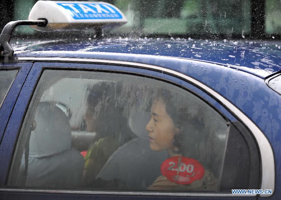 Hail falls on the roof of a taxi in Beijing, capital of Beijing, June 11, 2013. (Xinhua/Chen Yehua)