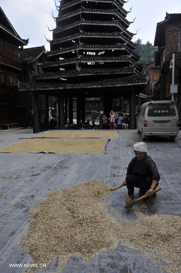 A woman of Dong ethnic group dries grain at Zhaoxing Dong Village in Liping County, southwest China's Guizhou Province, June 20, 2013. Zhaoxing Dong Village is one of the largest Dong village in Guizhou. In 2005, it was ranked one of China's six most beautiful villages and towns by Chinese National Geography. (Xinhua/Ou Dongxu)