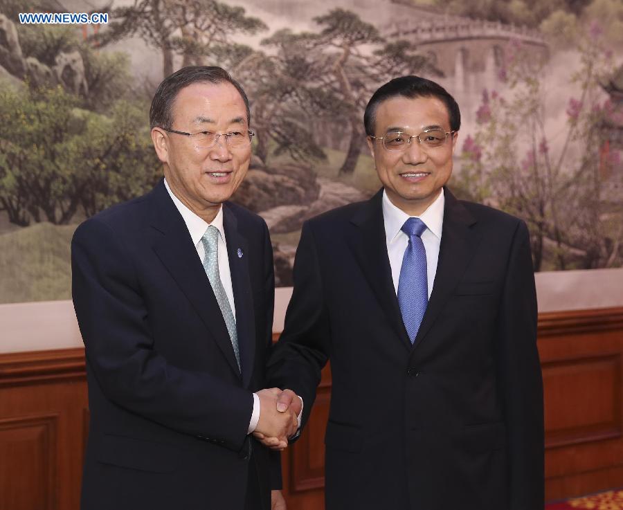 Chinese Premier Li Keqiang(R) meets with UN Secretary-General Ban Ki-moon in Beijing, capital of China, June 20, 2013. (Xinhua/Ding Lin)
