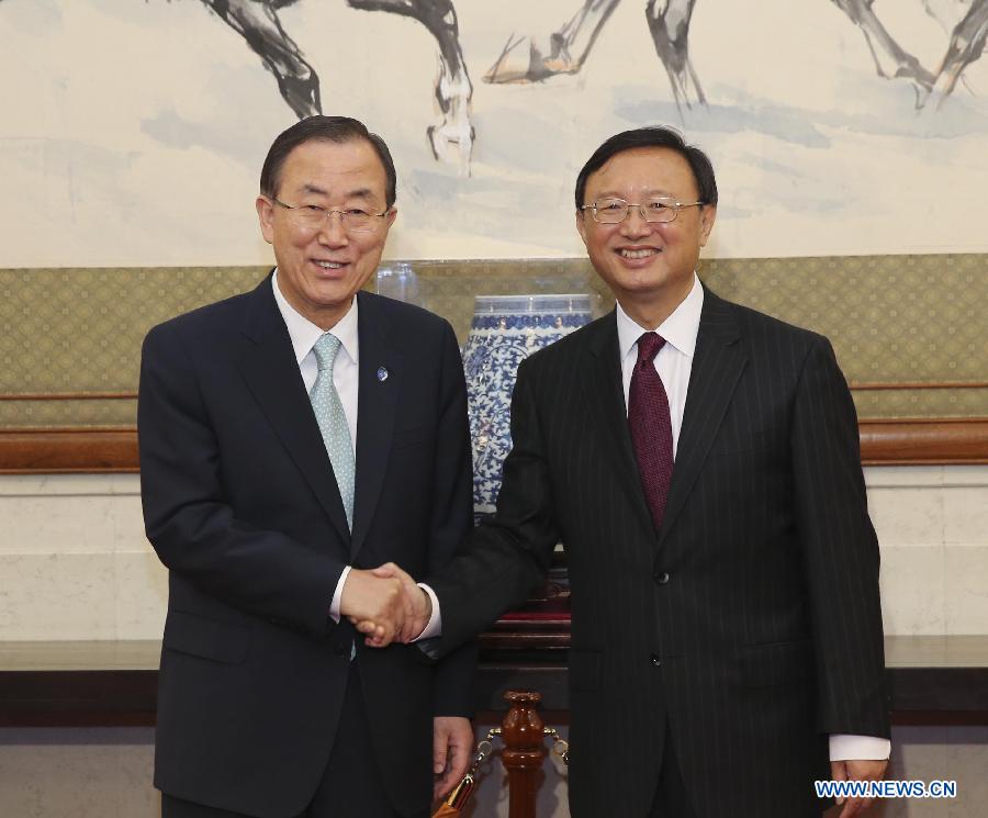 Chinese State Councilor Yang Jiechi (R) meets with UN Secretary-General Ban Ki-moon in Beijing, capital of China, June 20, 2013. (Xinhua/Ding Lin)