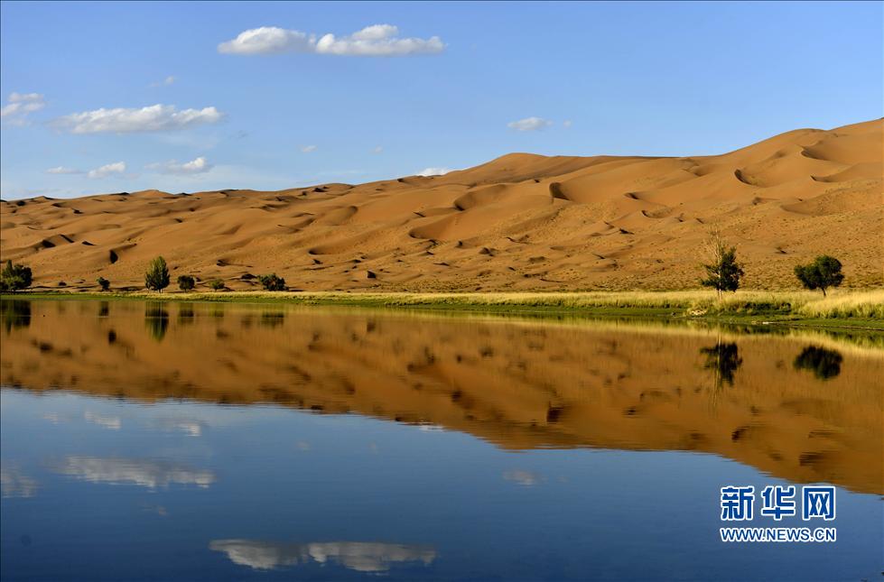 A beautiful view can be found near a lake in the Badain Jaran Desert, North China's Inner Mongolia autonomous region, June 18, 2013. (Xinhua/Ren Junchuan)