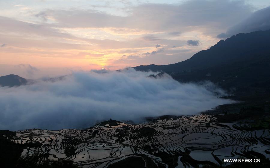 Photo take on April 9, 2012 shows the rice terraces in Yuanyang County of Honghe Prefecture, southwest China's Yunnan Province. The UNESCO's World Heritage Committee inscribed China's cultural landscape of Honghe Hani Rice Terraces onto the prestigious World Heritage List on Saturday, bringing the total number of World Heritage Sites in China to 45. (Xinhua/Liang Zhiqiang) 