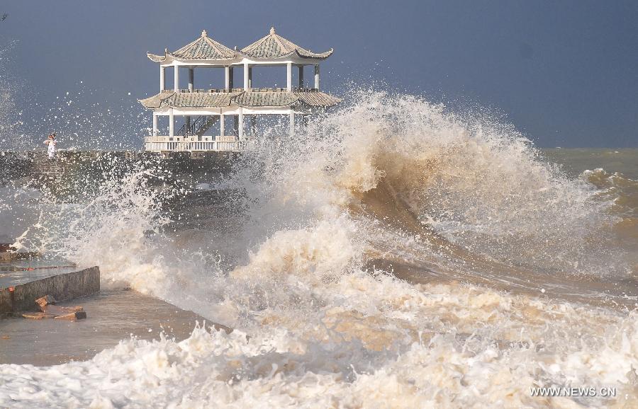 Huge wave hit the beachside of Leshan Village in Fangchenggang City, south China's Guangxi Zhuang Autonomous Region, June 23, 2013. The tropical storm Bebinca has brought strong rain to Guangxi. (Xinhua/Liang Fuying)  