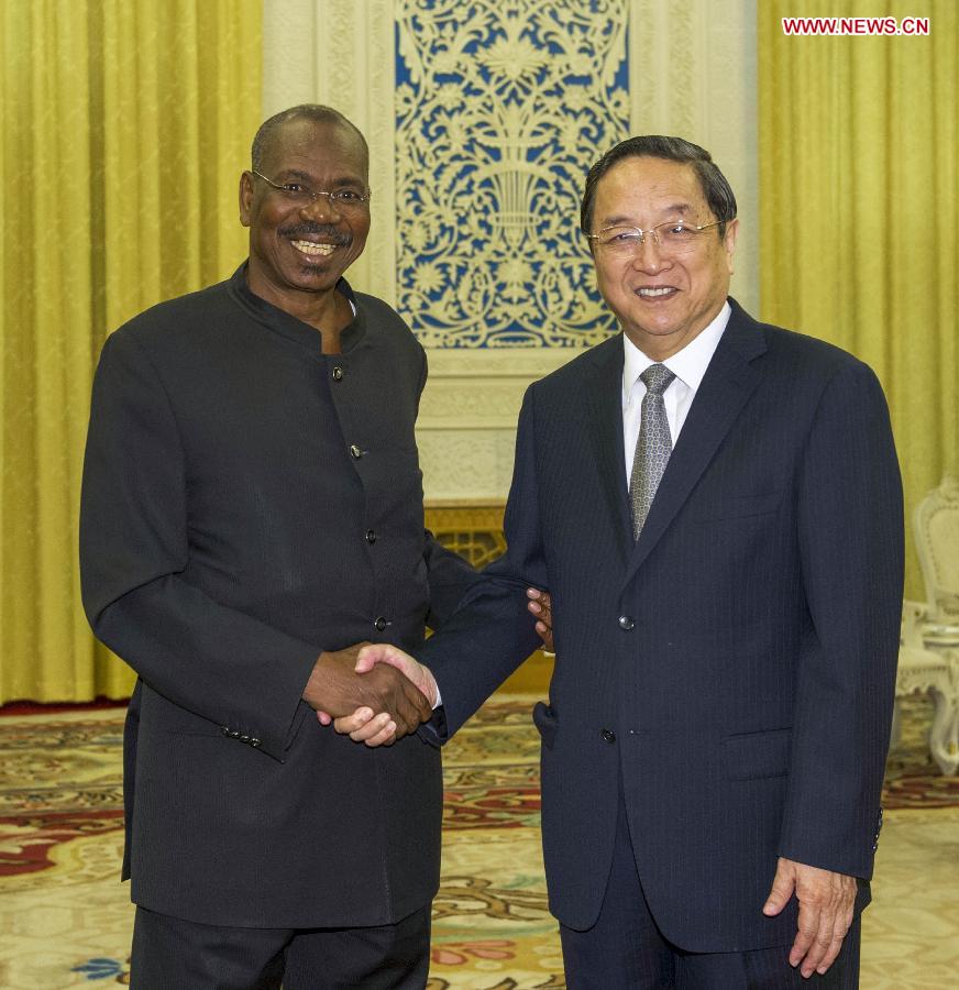 Yu Zhengsheng (R), chairman of the National Committee of the Chinese People's Political Consultative Conference (CPPCC), meets with Jean-Marie Tassoua, president of the Economic and Social Council of the Republic of Congo, in Beijing, capital of China, June 26, 2013. (Xinhua/Xie Huanchi)