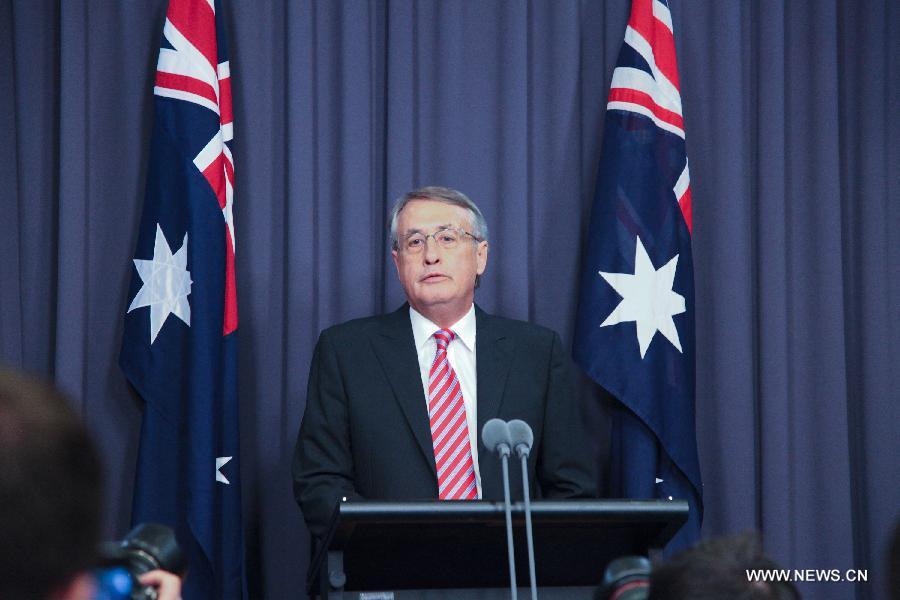Australian Deputy Prime Minister and Treasurer Wayne Swan announces to resign from the cabinet at Parliament House in Canberra, Australia, June 26, 2013. Kevin Rudd was sworn in as prime minister of Australia on June 27 following his victory in a ruling Labor party caucus ballot the evening before. (Xinhua/Justin Qian)