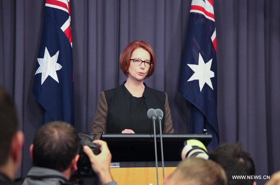 Australian Prime Minister Julia Gillard speaks to the media after her defeat in Labor party caucus ballot at Parliament House in Canberra, Australia, June 26, 2013. Kevin Rudd was sworn in as prime minister of Australia on June 27 following his victory in a ruling Labor party caucus ballot the evening before. (Xinhua/Justin Qian)