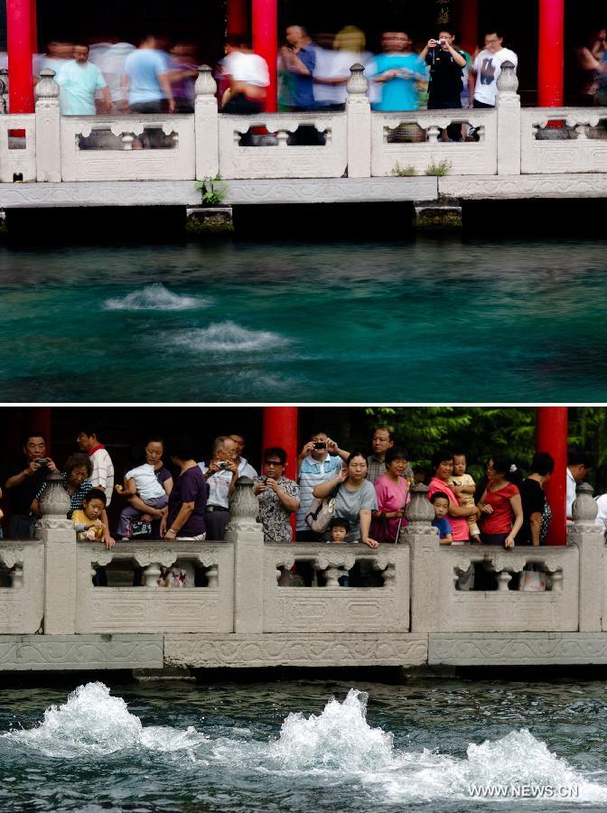 The combined photo taken at Baotu Spring park in Jinan, capital of east China's Shandong Province shows visitors enjoy the scenery of the spring on July 9, 2013 (up) and visitors enjoy the scenry on Aug. 28, 2010 (bottom). The undergroud water level of the Baotu Spring, a famous scenic spot in Jinan, has dropped to 28.11 meters, lower than the yellow warning line of 28.15 meters. (Xinhua/Guo Xulei) 
