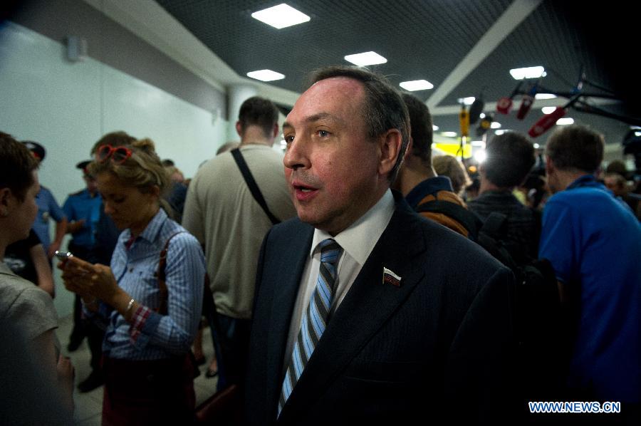 Vyacheslav Nikonov, a member of Russia's State Duma, receives interviews after a meeting with former U.S. spy agency contractor Edward Snowden at Moscow's Sheremetyevo International Airport, Russia, on July 12, 2013. Edward Snowden plans to apply for political asylum in Russia, a Russian parliamentarian said Friday after meeting with the stranded whistleblower. (Xinhua/Jiang Kehong)