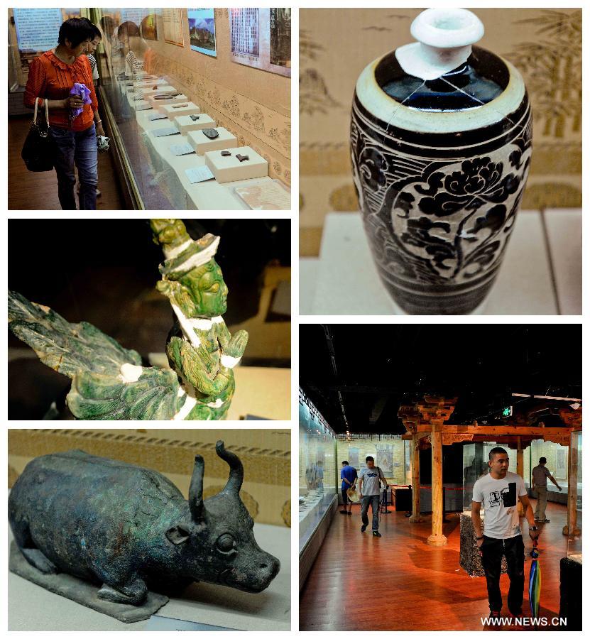 Combination photo taken on July 16, 2013 shows a public exhibition presenting elaborate antiques of the Xixia Kingdom at the Heilongjiang Provincial Museum in Harbin, capital of northeast China's Heilongjiang Province. Xixia (1032-1227), or Western Xia, was a feudal kingdom established by the Tangut ethnic group at the eastern end of the ancient Silk Road. Its territory largely overlapped today's Ningxia Hui Autonomous Region in northwest China. (Xinhua/Wang Song)