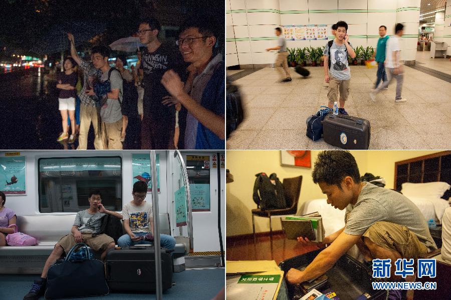 Top left: Hu Xunguang's (front middle) classmates see him off to Shenzhen in rain, July 1, 2013. (Xinhua/Mao Siqian) Top right: Hu Xunguang talks on the phone when waiting for a train at Guangzhou railway station, July 1, 2013. (Xinhua/Mao Siqian) Below left: Li Mingkai (R), Hu Xunguang’s former classmate, picks him up at Shenzhen railway station, July 1, 2013. They take subway to a hotel arranged by his company. He will stay in the hotel during the training offered by the company. (Xinhua/Mao Siqian) Below right: In the hotel arranged by the company, Hu Xunguang takes a dozen of diaries out of a trunk, July 1, 2013. He cherishes these diaries very much, no matter where he goes, he will take them along. (Xinhua/Mao Siqian) (Imposition photo/Xinhua)