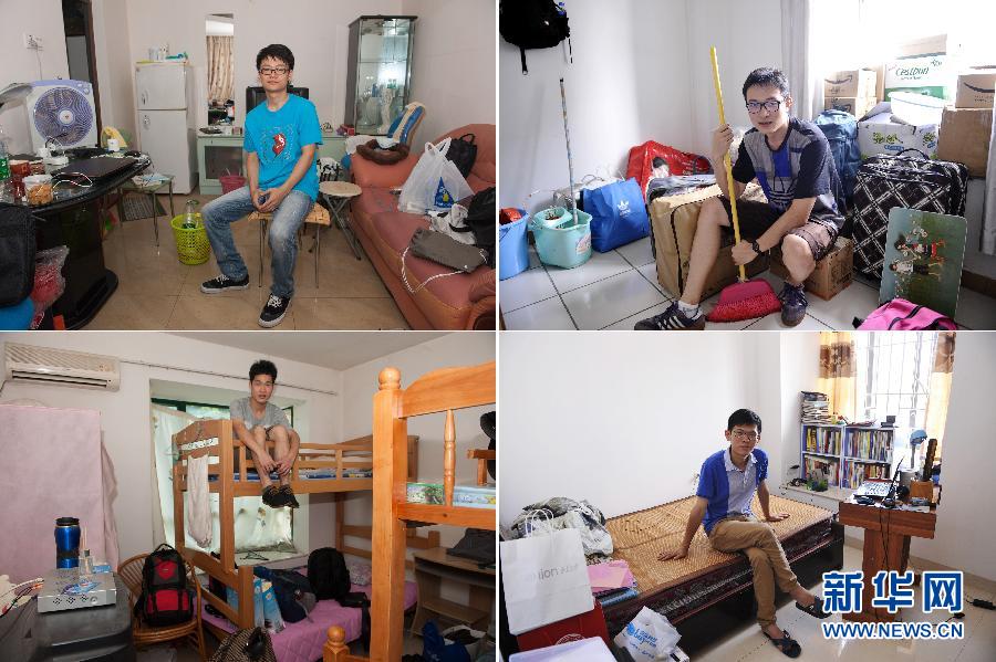 Top left: Guo Jiaxuan sits in a rented one-bedroom apartment in Wuyang Xincun Village, Guanghzou , Guangdong province, July 15, 2013. The less than 40 square meters apartment costs him 2,100 yuan a month. (Xinhua/Mao Siqian) Top right: Yan Lifei moves into a faculty dorm in Fanyu distirct, Guangzhou , Guangdong province, July 11, 2013. The boxes behind him are full of books. (Xinhua/Liang Xu) Below left: Hu Xunguang sits in a dorm rented by the company in Shenzhen city, Guangdong province, July 7, 2013. He will share a master bedroom with three new colleagues. He chooses the upper berth because he used to sleep in the upper berth in university. (Xinhua/Mao Siqian) Below right: Gao Jingning sits in the room he rented in Dongguan, Guangdong province. The two-bedroom apartment he shared with a colleague is only about 200 meters from where he works. A single room costs 800 yuan a month. (Xinhua/Liang Xu) (Imposition photo/Xinhua)