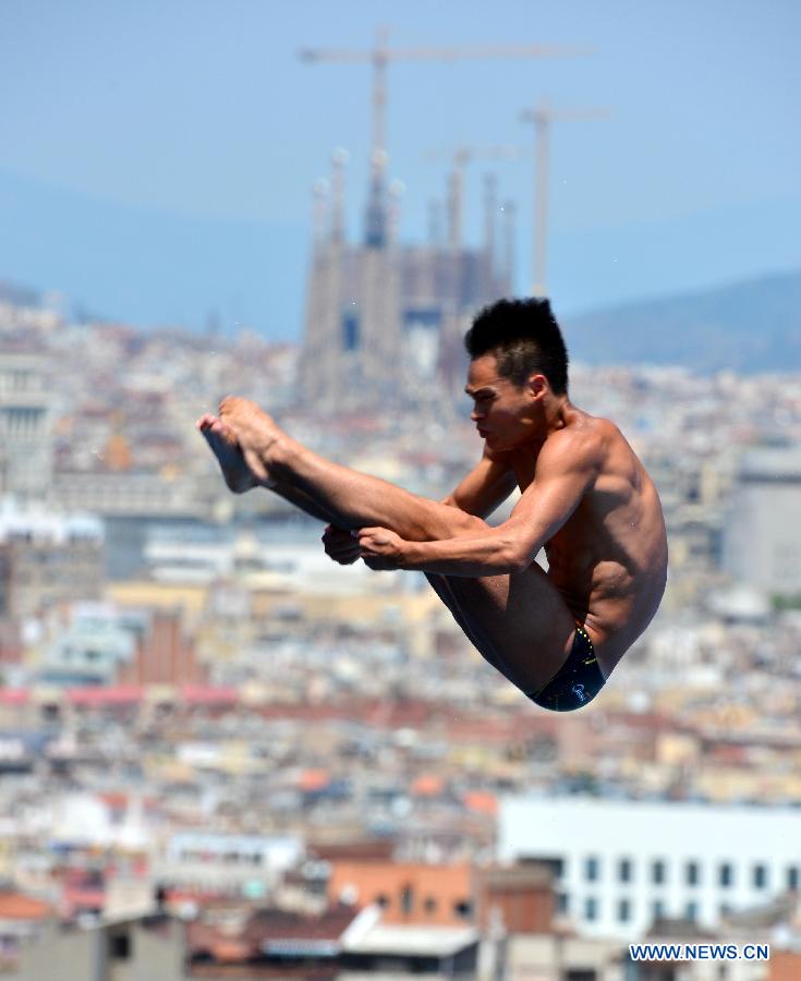 China's Li Shixin competes during the men's 1m springboard final in the World Swimming Championships in Barcelona, Spain, on July 22, 2013. Li won the gold with 460.95 points. (Xinhua/Guo Yong) 