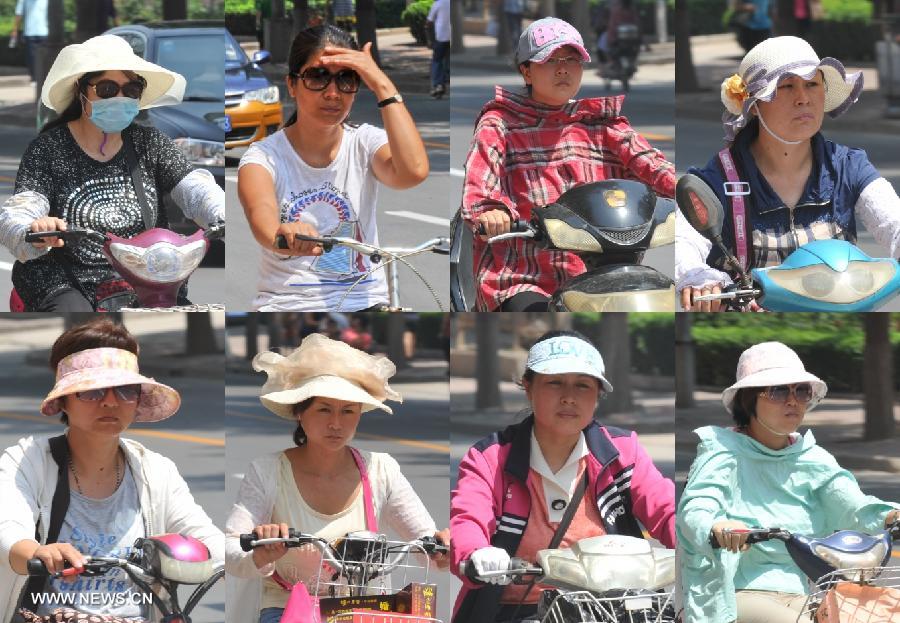 Combined photo taken on July 24, 2013 shows citizens riding on a road as heat wave hitting Shijiazhuang, north China's Hebei Province, July 24, 2013. The highest temperature in some areas of Hebei Province was forecasted to reach 37 degrees Celsius city on Wednesday. (Xinhua/Zhu Xudong) 