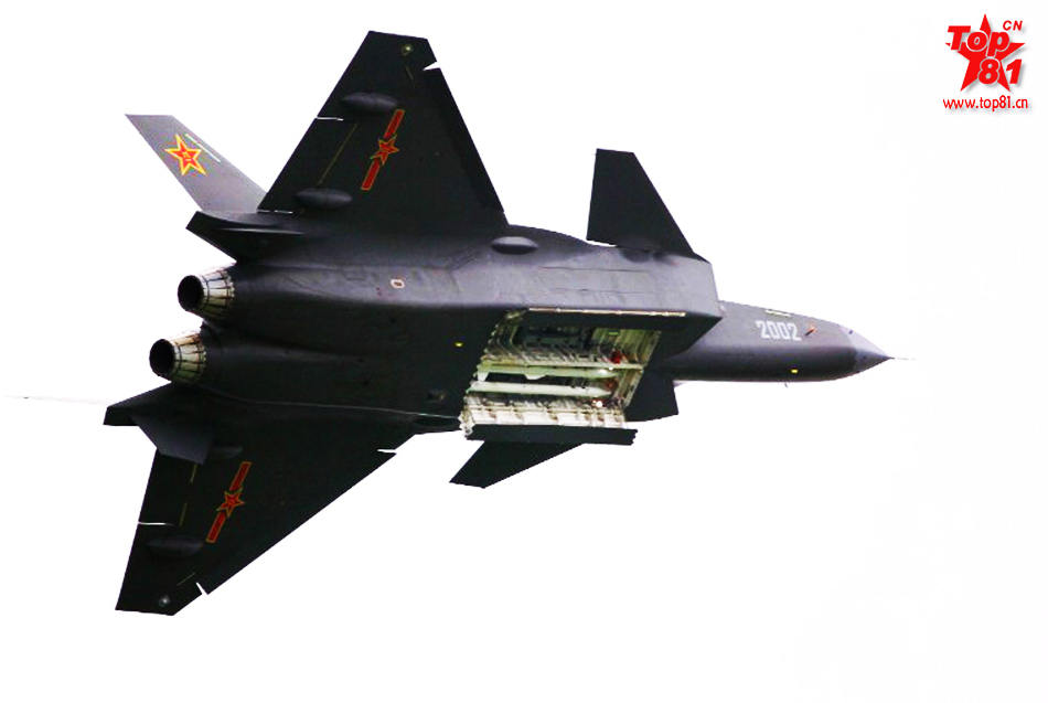 A clear view of the 2nd prototype J20 flying low with weapons bay open. The configuration shown here carries four radar-guided Beyond Visual Range air/air missiles. Additional weapons bays on the fuselage sides can also carry similar weapons or passive, heat-seeking AAMs.(Source: huanqiu.com)