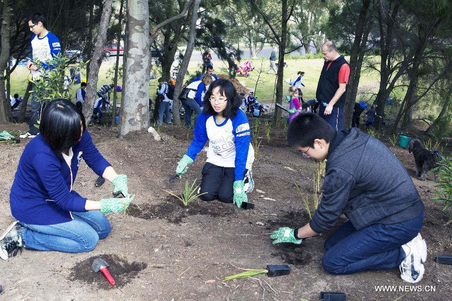 People plant at the Sydney Park in Sydney, Australia, on July 28, 2013, during the Australia Planet Ark National Tree Day event. Since the first Planet Ark National Tree Day in 1996, more than three million participants have planted around 20 million trees and shrubs in Australia. (Xinhua/Jin Linpeng)