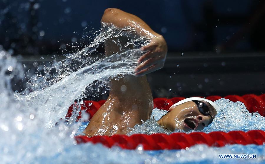 Li Yunqi of China competes during Men's 200m Freestyle Heats of the Swimming competition on day 10 of the 15th FINA World Championships at Palau Sant Jordi in Barcelona, Spain on July 29, 2013. Li Yunqi advanced to the semifinal with 1:48.18.(Xinhua/Wang Lili)