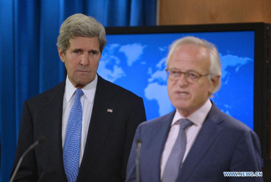 Newly named special envoy Martin Indyk (R) speaks as U.S. Secretary of State John Kerry listens during a press conference at the State Department in Washington D.C., capital of the United States, July 29, 2013. Kerry on Monday named Martin Indyk, a former U.S. ambassador to Israel, as his special envoy to guide the Israeli-Palestinian peace talks. The Israeli and Palestinian negotiators are set to begin their "initial talks" on Monday evening to lay the groundwork for final status negotiations, which will last at least nine months. (Xinhua/Zhang Jun) 